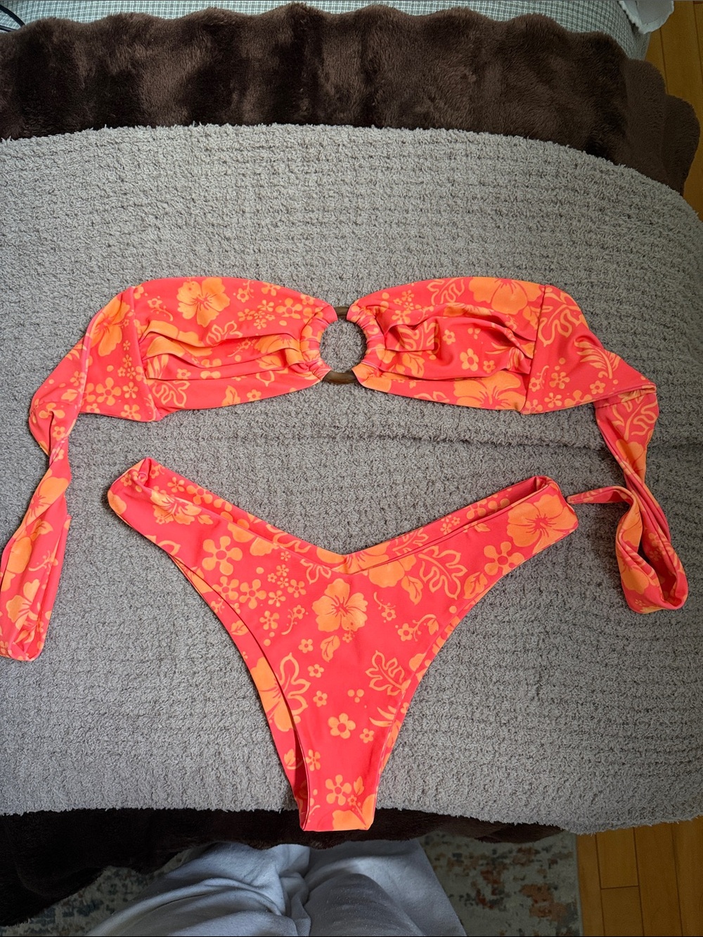 SHEIN Coral-Orange Floral Ring-Front Bikini Set